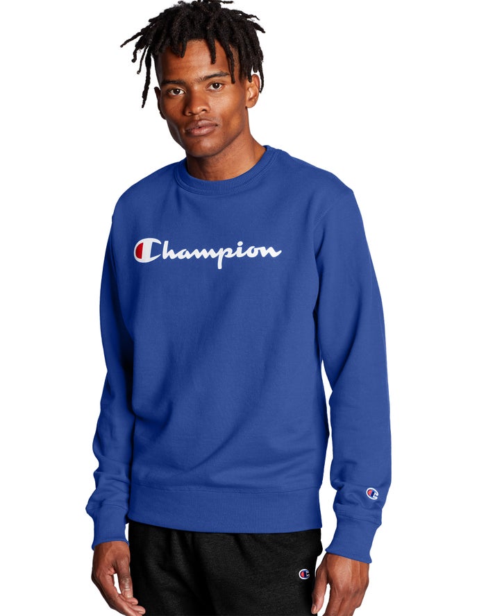 Champion Sweatshirt Heren - Blauw - Powerblend Fleece Crew Script Logo ( 135629-DOQ )